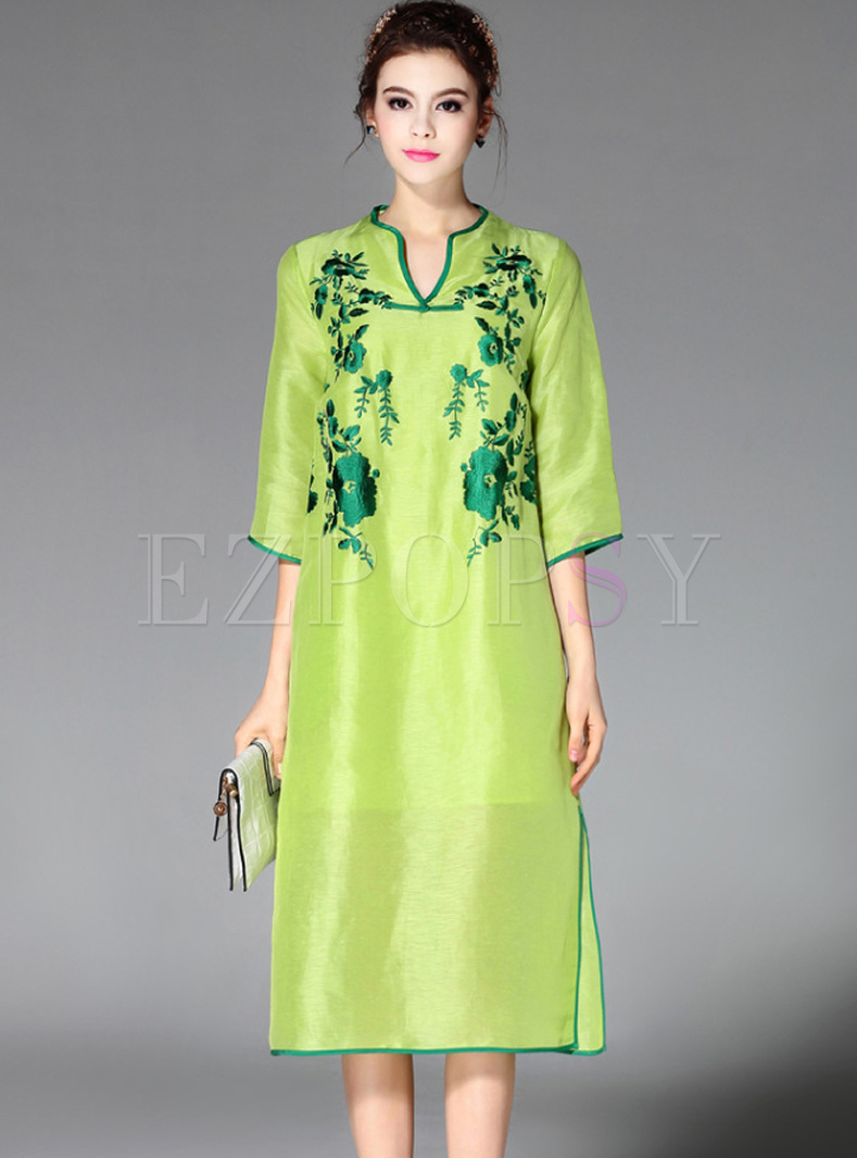 Dresses | Shift Dresses | Green Embroidery Improved Cheongsam Shift Dress