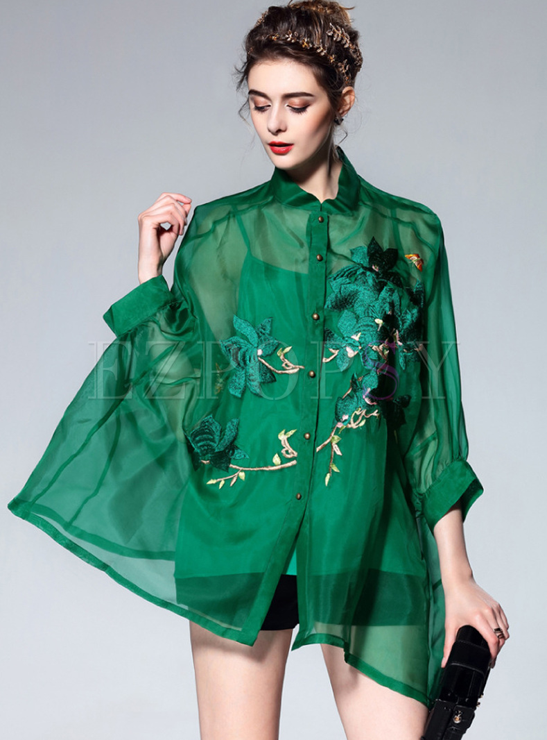 Tops | Blouses | Green Embroidery Bat Sleeve Blouse
