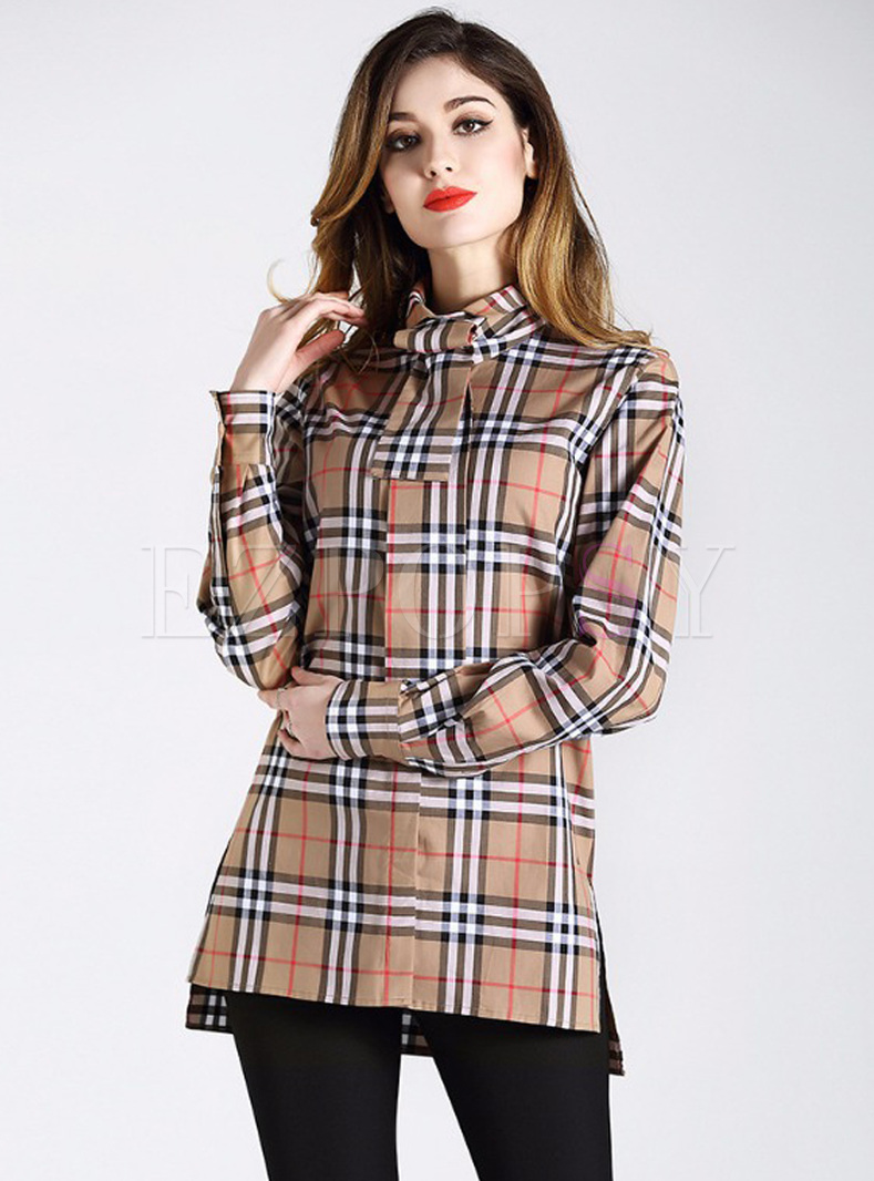 Chic Stand Collar Grid Blouse