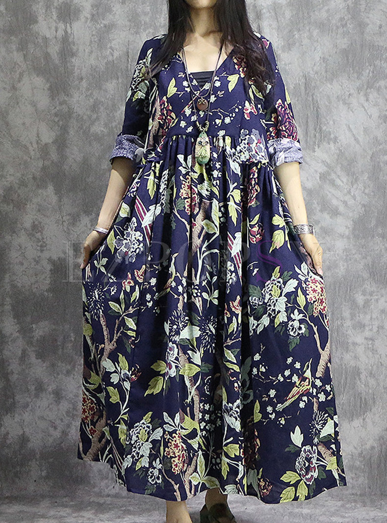 Blue Floral Print V-neck Maxi Dress