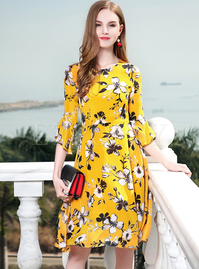 Dresses | Skater Dresses | Yellow Flower Print Flare Sleeve Silk Dress