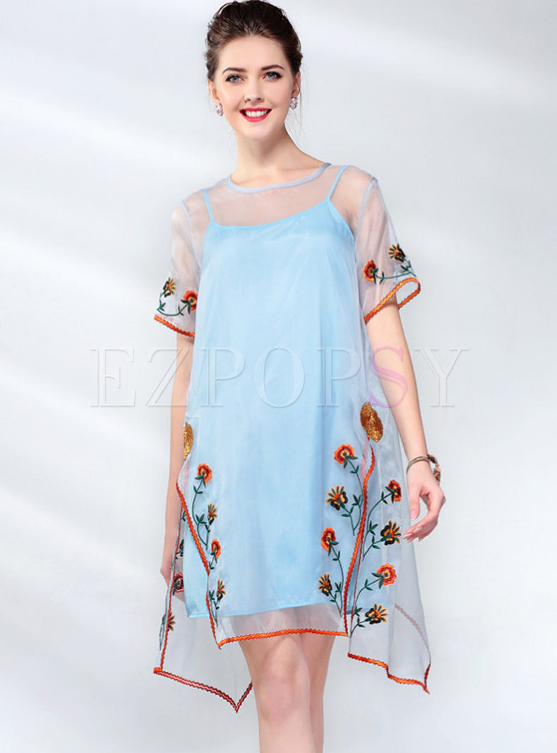 Blue Mesh Embroidery Shift Dress With Underskirt