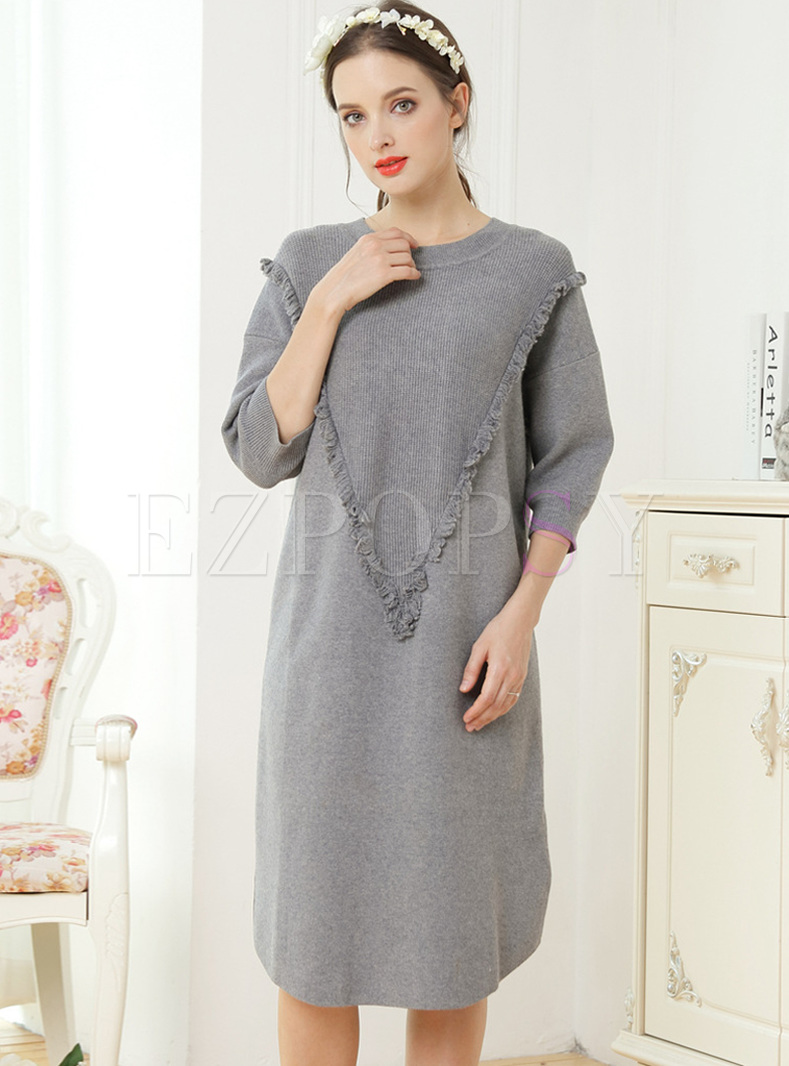 Casual Tassel Half Sleeve Knitted Dress