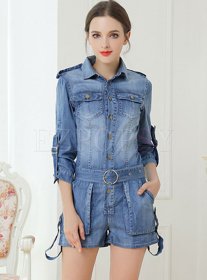 Chic Single-breasted Denim Rompers