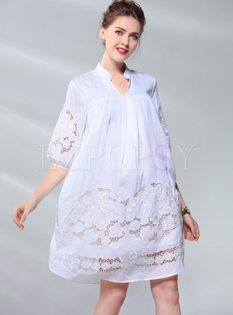 Brief White Lace Hollow Shift Dress