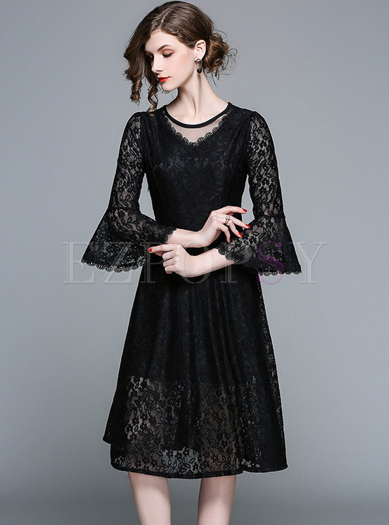 Black Lace Flare Sleeve A-line Dress