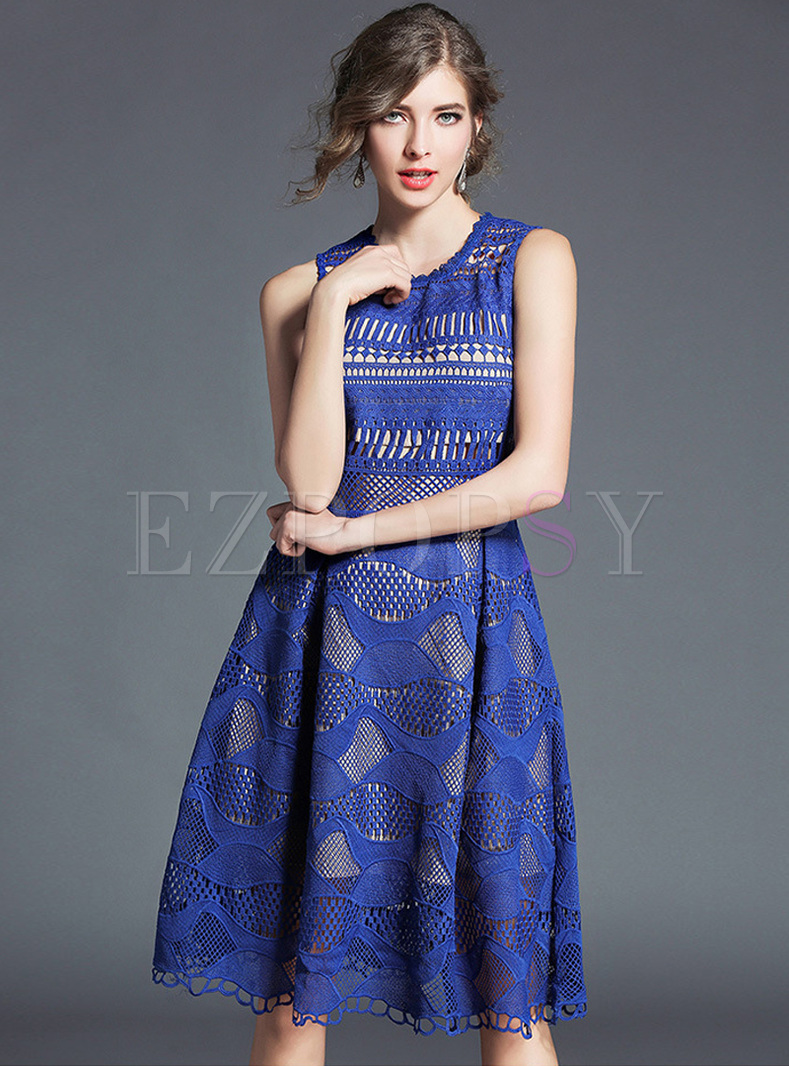 Blue Lace Sleeveless Slim A-line Dress