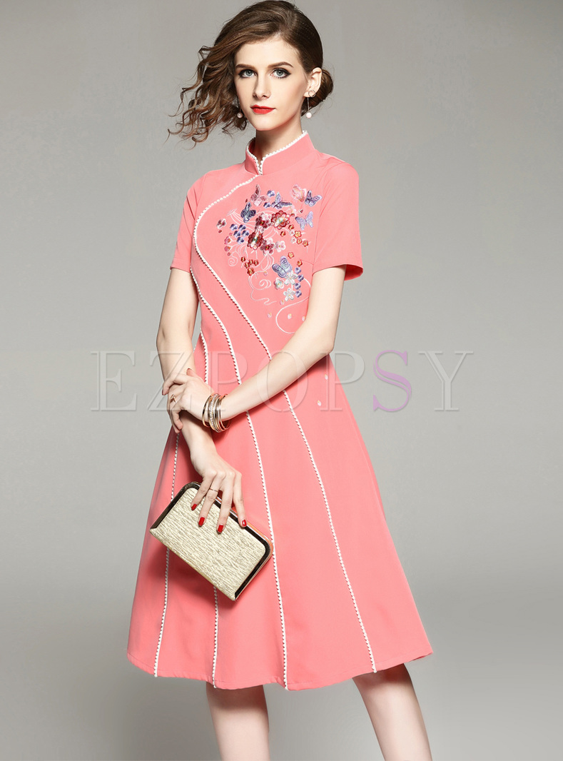 Elegant Embroidery Improved Cheongsam A-line Dress