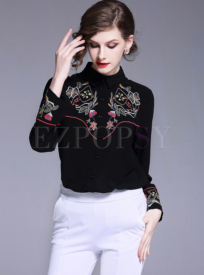 Black Embroidered Turn Down Collar Blouse