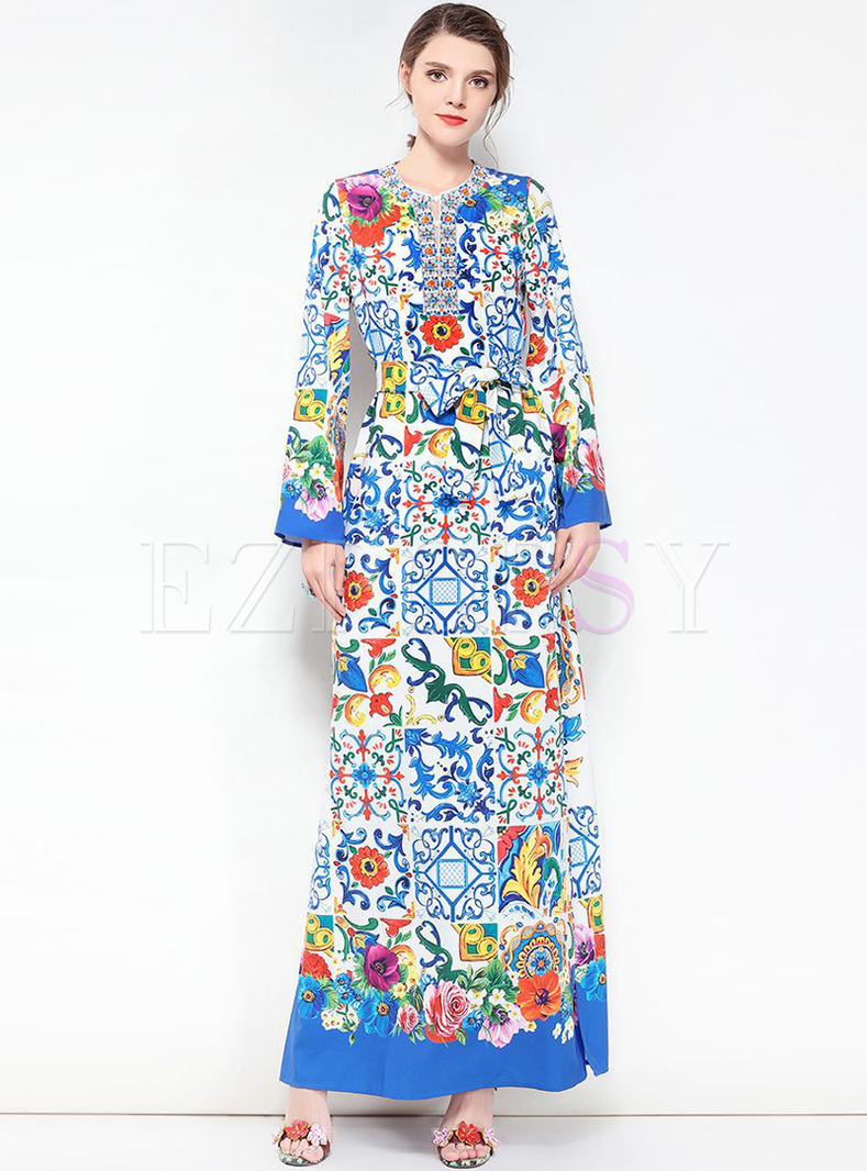 Bohemia Print Flare Sleeve Maxi Dress
