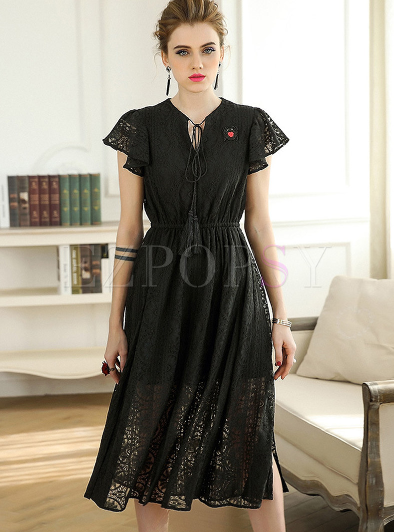 Hollow Out Lace Lotus Leaf Sleeve Skater Dress
