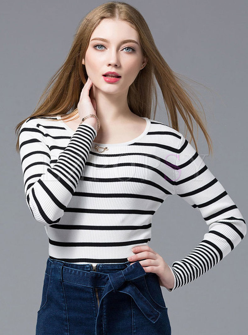 Slim Fit O-neck Striped Color-blocked Sweater