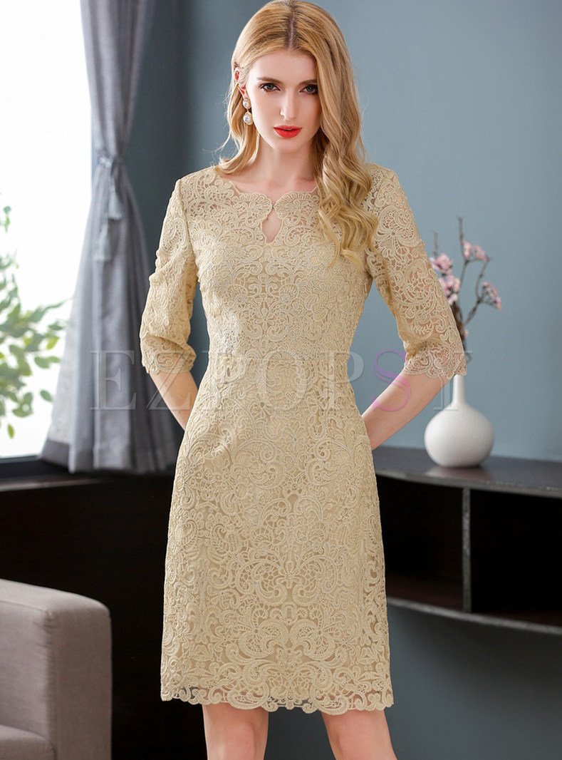Apricot Three Quarters Sleeve Embroidered A-line Dress
