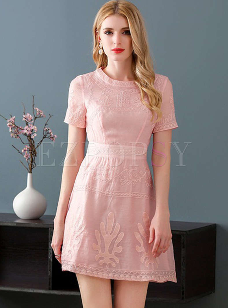 Dresses | Skater Dresses | Pink Mesh Gathered Waist A-line Dress
