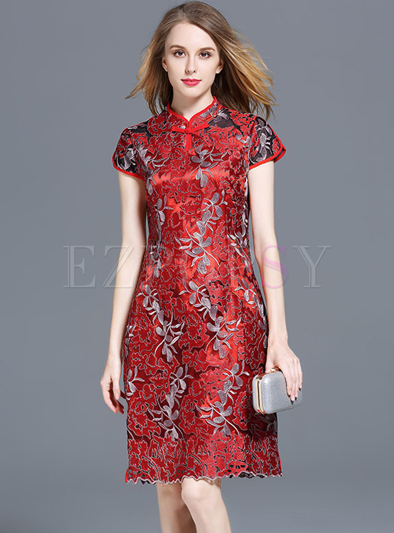 Red Embroidery Improved Cheongsam Dress