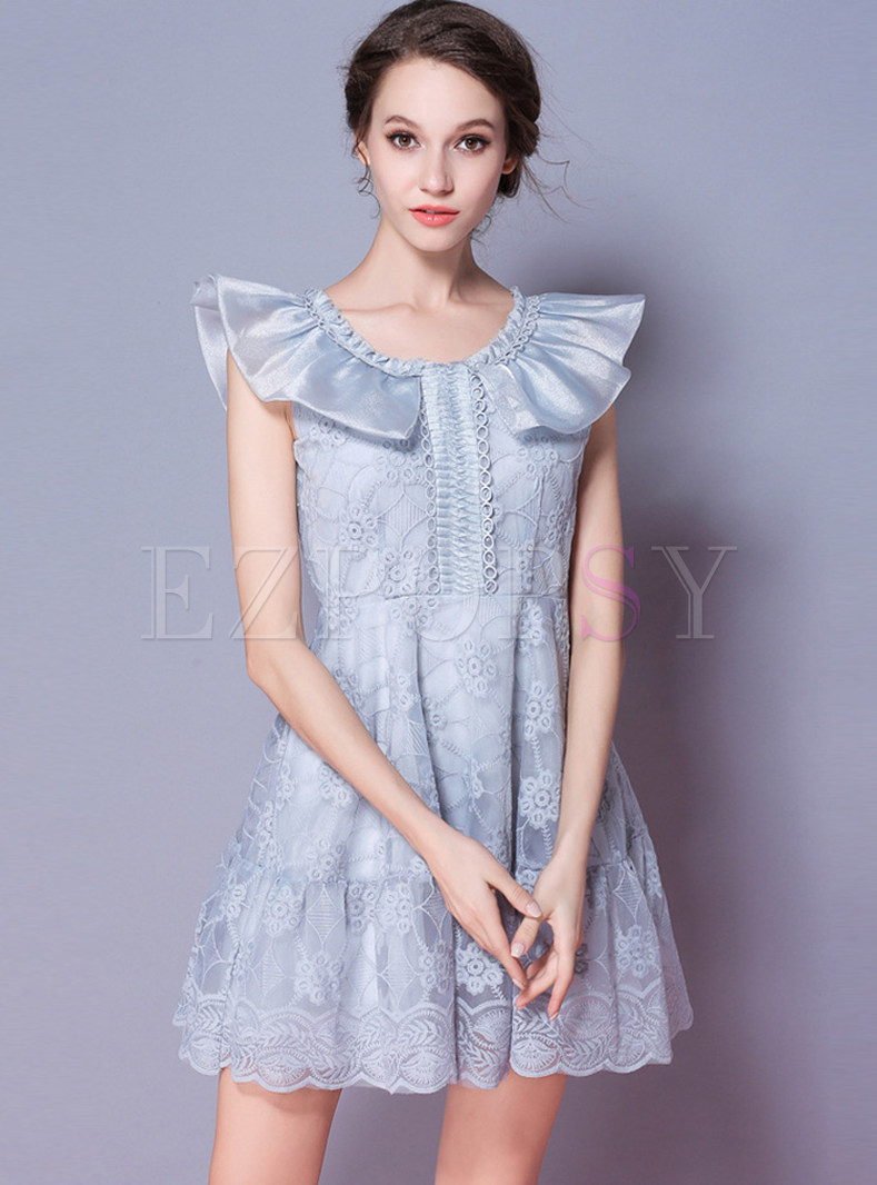 Blue Gathered Waist Falbala A-line Dress