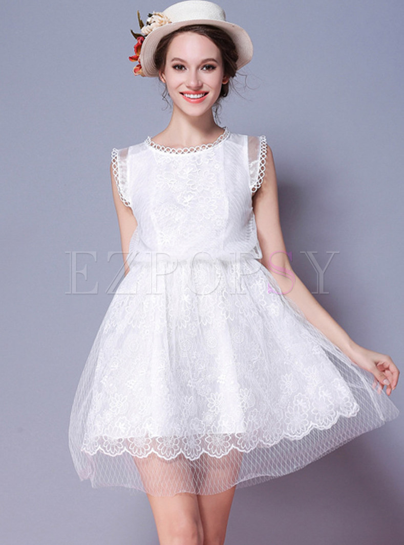 White Sleeveless Embroidered A-line Dress