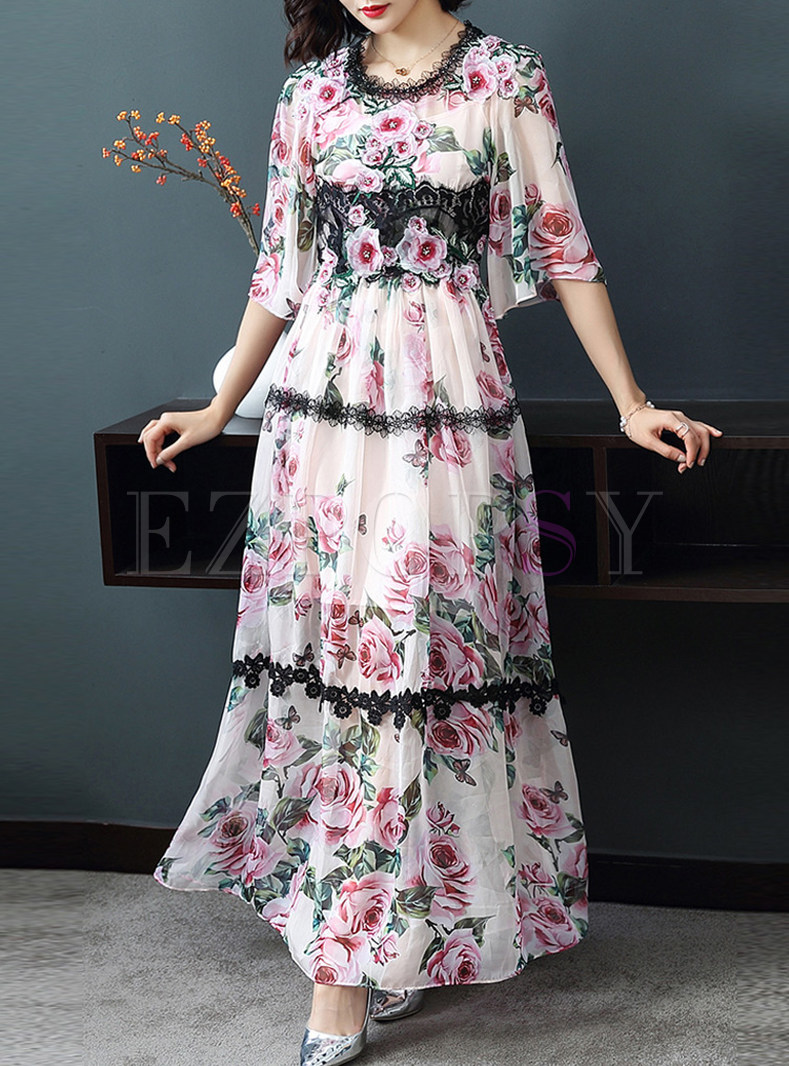 Lace Splicing Flare Sleeve Maxi Dress