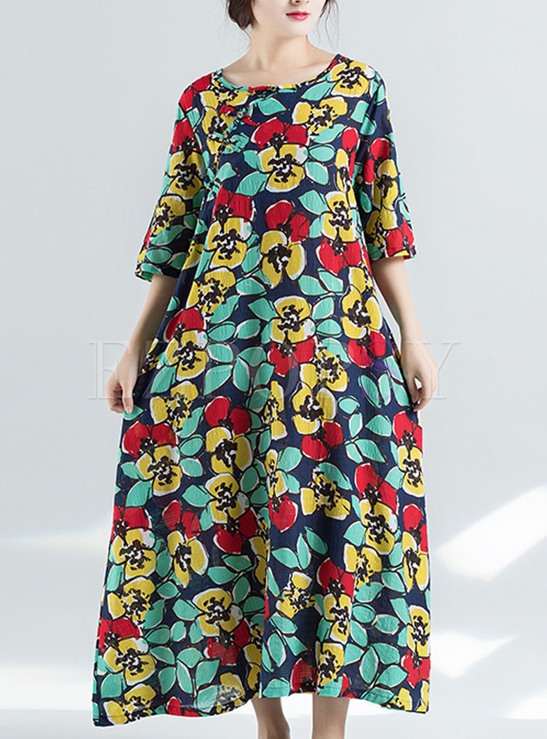 Ethnic Half Sleeve Floral Print Maxi Dress