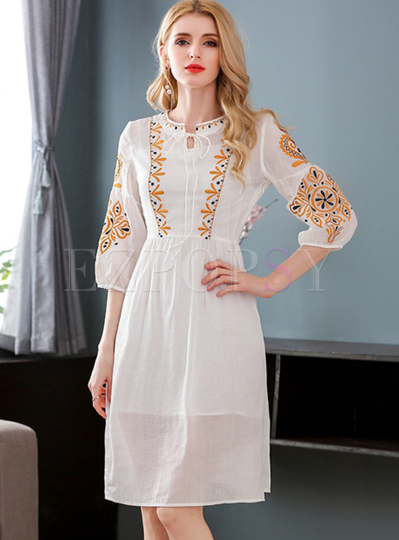 White Embroidered A-line Dress With Underskirt