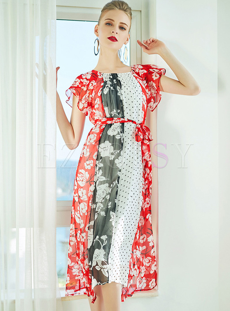 Hit Color Floral Print Lacing A-line Dress