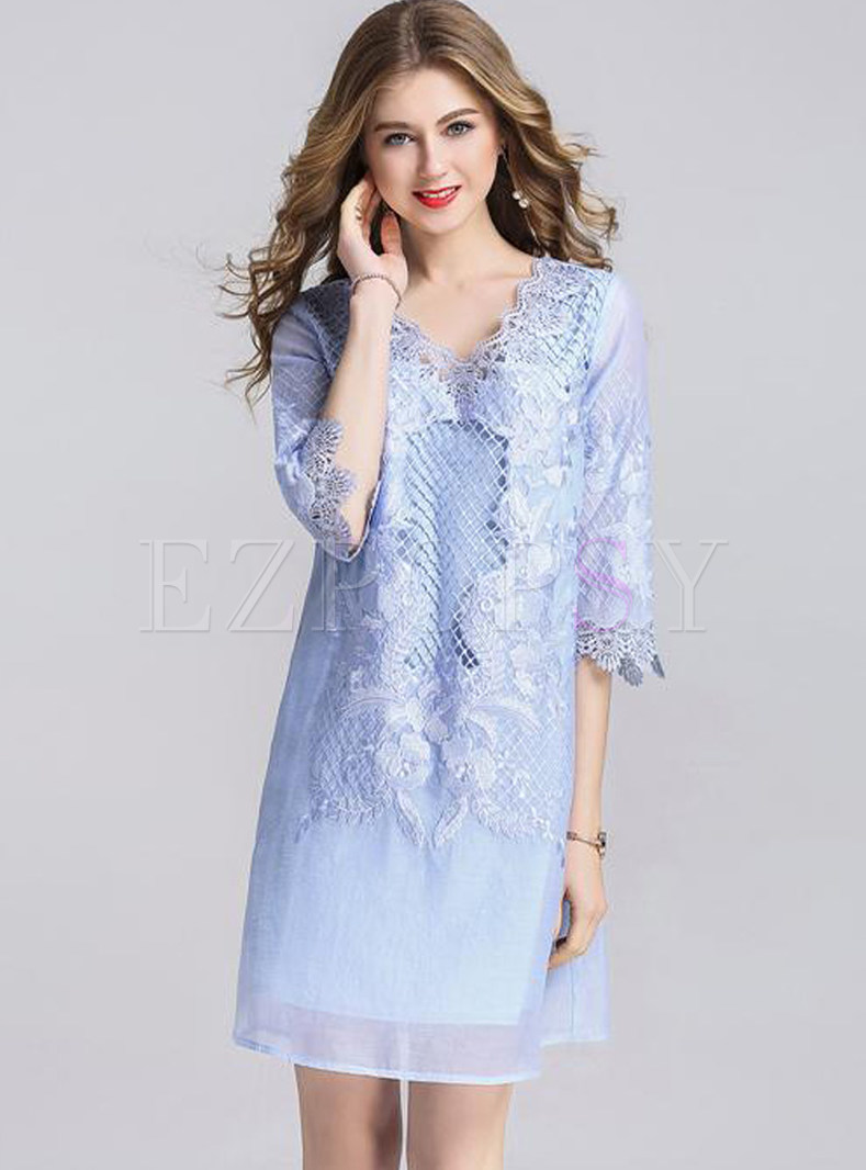 Blue V-neck Lace Embroidered Shift Dress