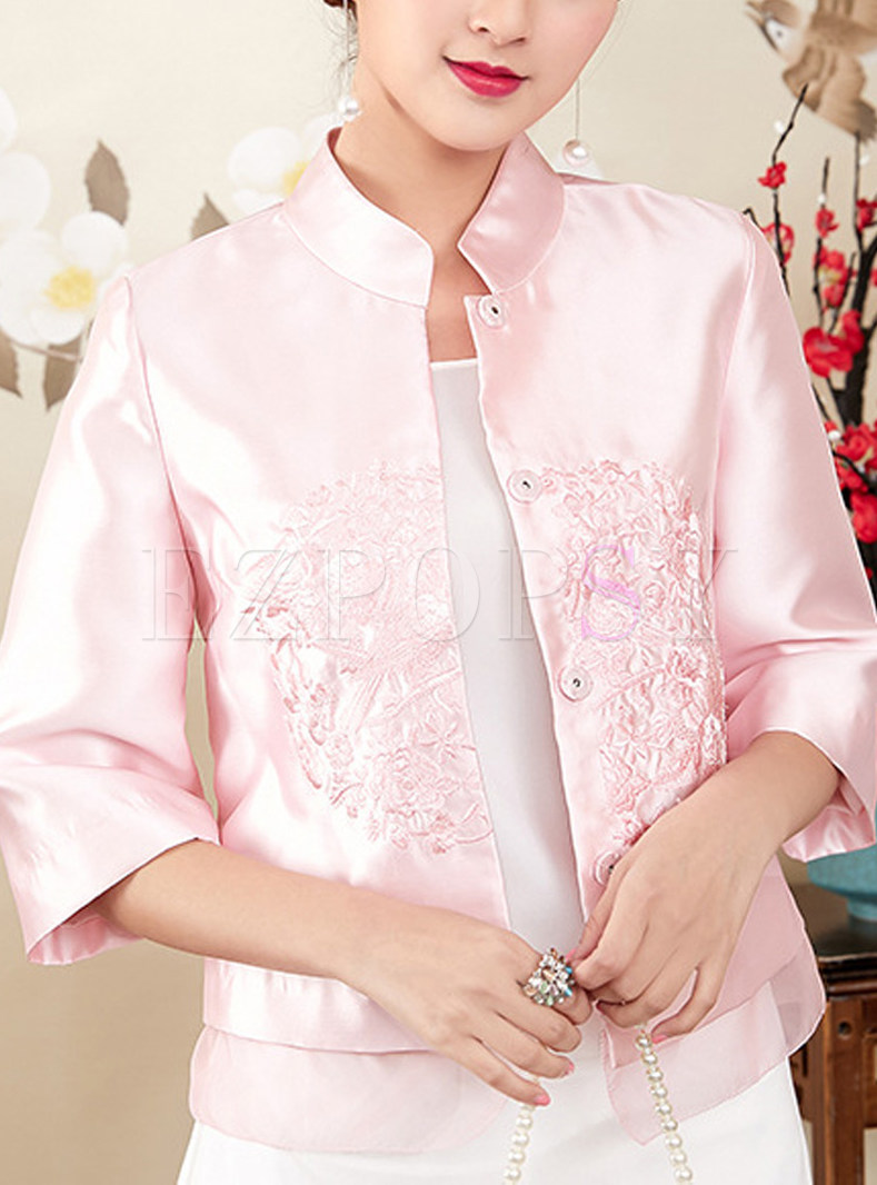 Pink Stand Collar Embroidered Short Coat
