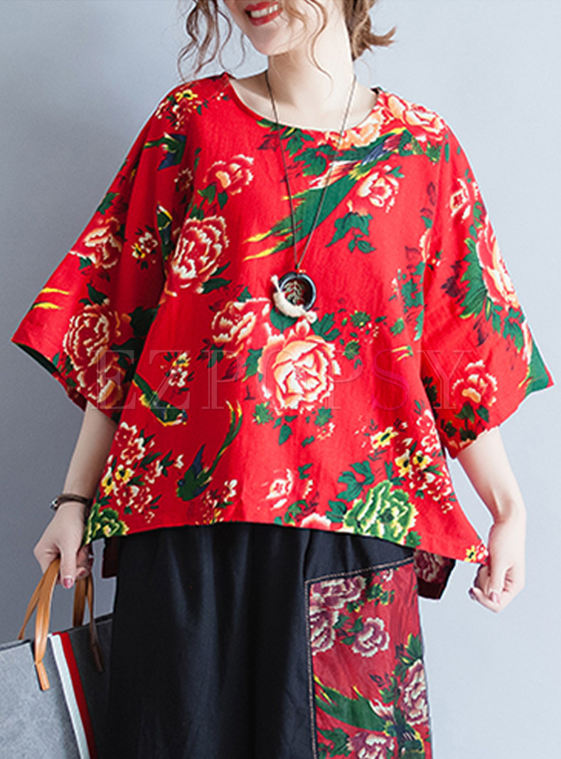 Red Ethnic Flower Print Loose T-shirt
