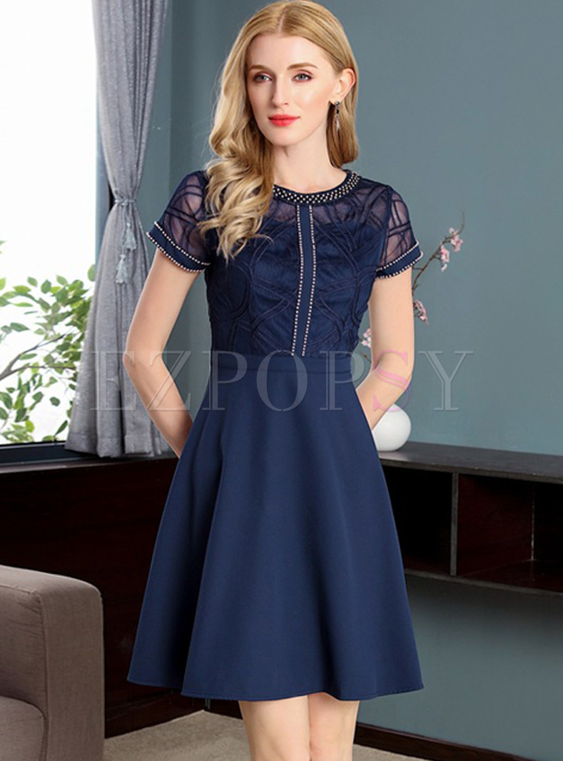 navy a line dress with sleeves