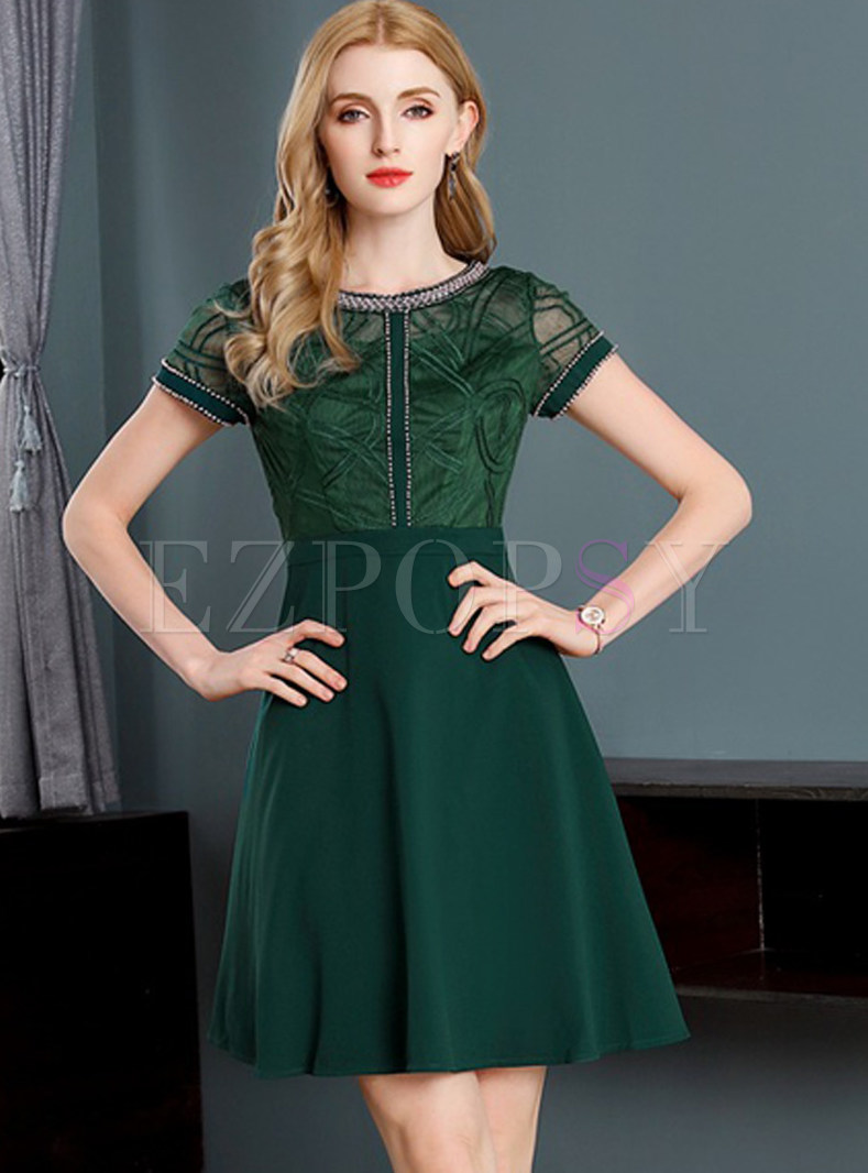 Green Mesh Gathered Waist A-line Dress