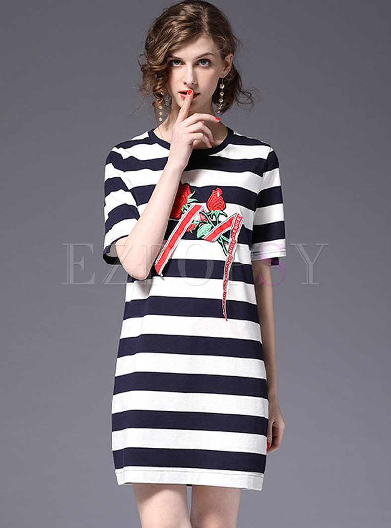 Striped Embroidered Short Sleeve T-shirt Dress