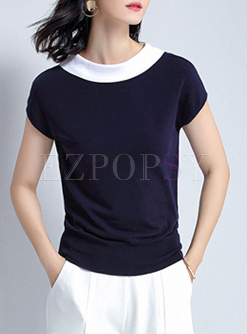 Brief Hit Color Short Sleeve Knitted Top
