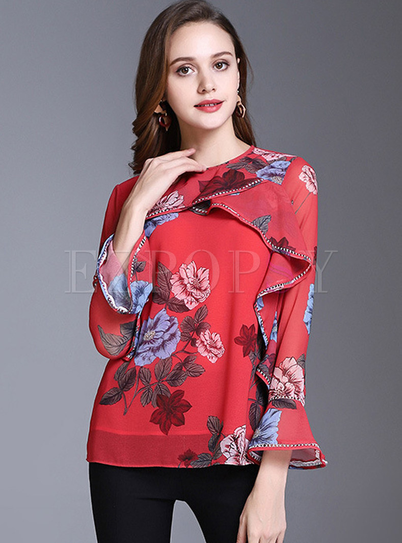 Red Flare Sleeve Splicing Floral Print Blouse