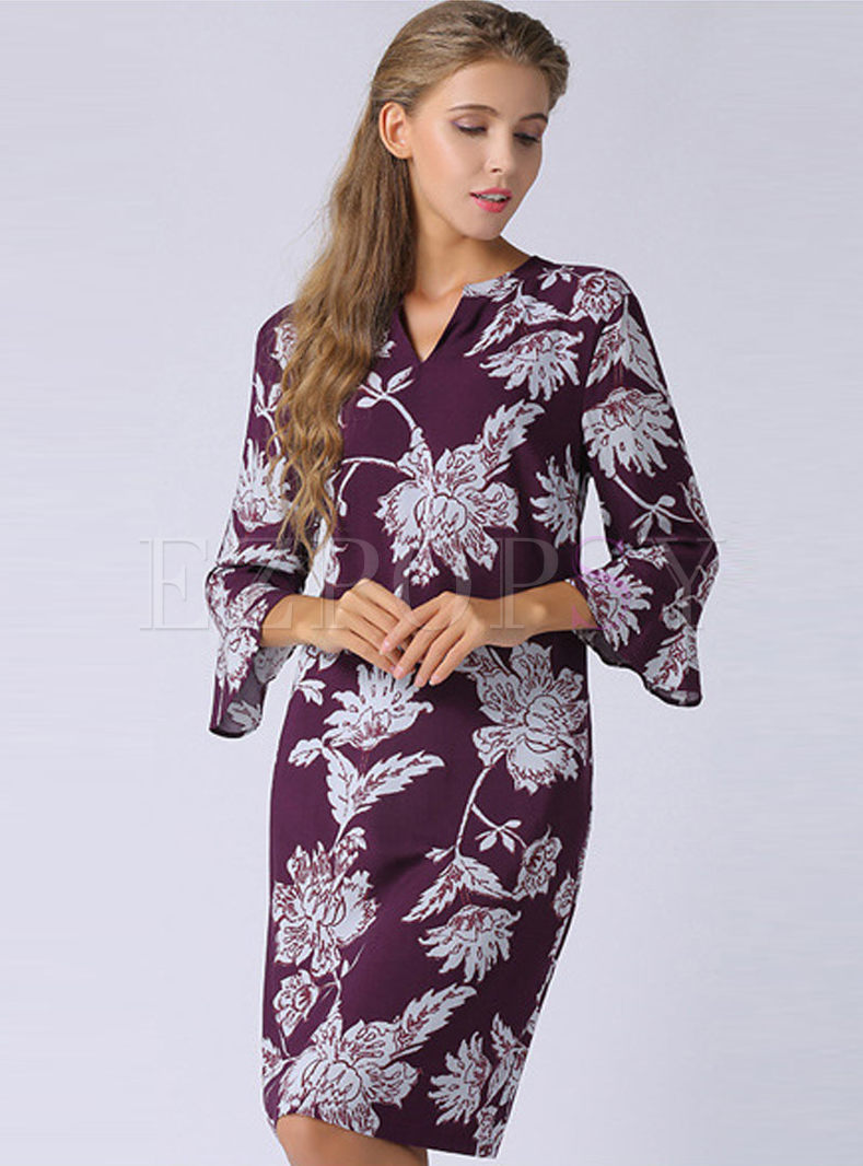 Elegant Floral Print Three-quarter Sleeve Dress 