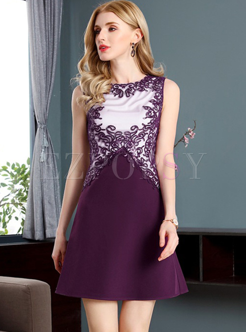 Purple Party Embroidered A-line Dress