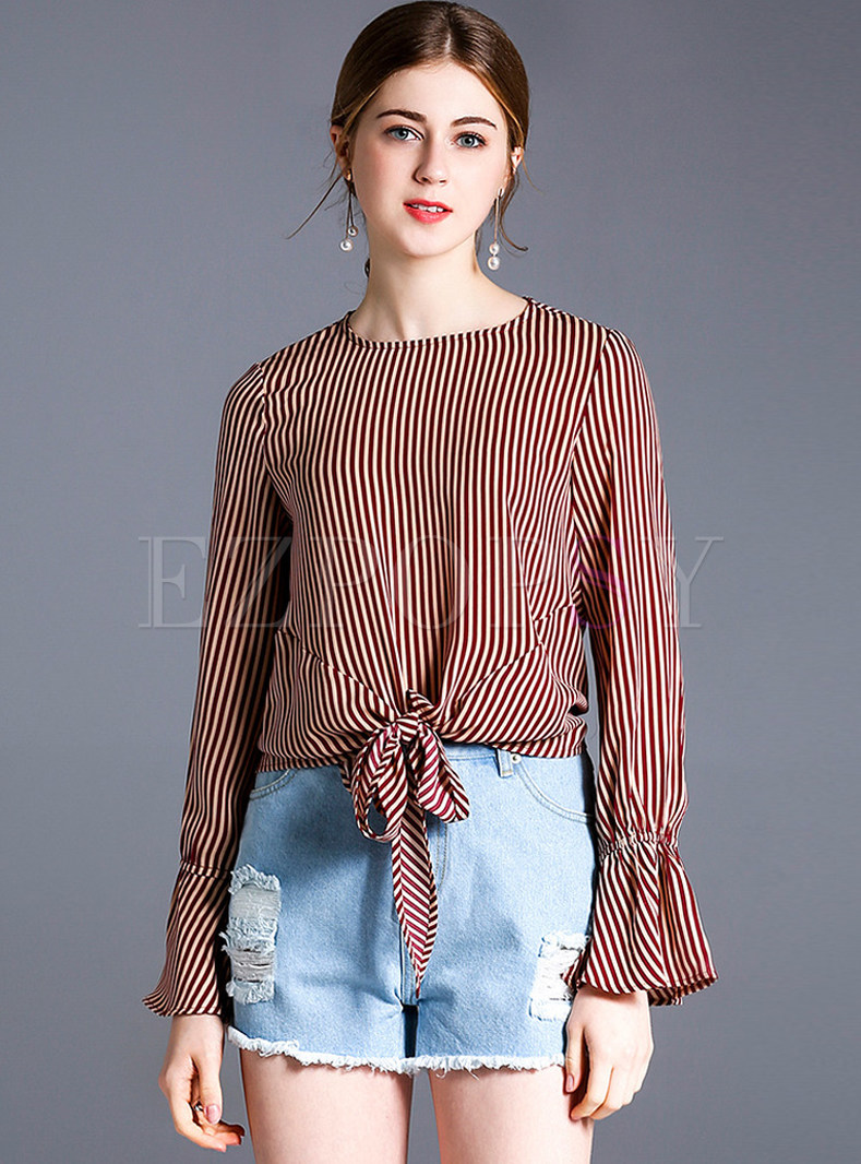 Brief Striped Flare Sleeve Blouse