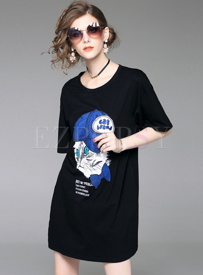 Black Casual Cartoon Print T-shirt Dress