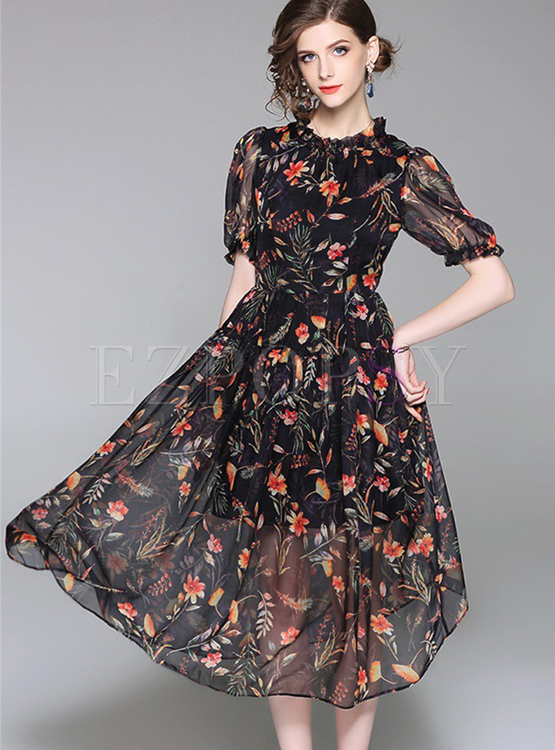 Floral Print Short Sleeve Chiffon Dress
