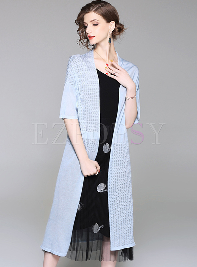 White Casual Hollow Out Knitted Coat