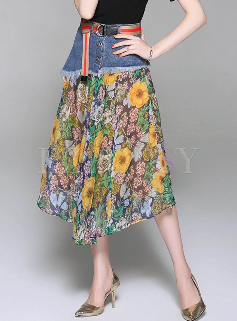Fashion Denim Splicing Asymmetric Skirt