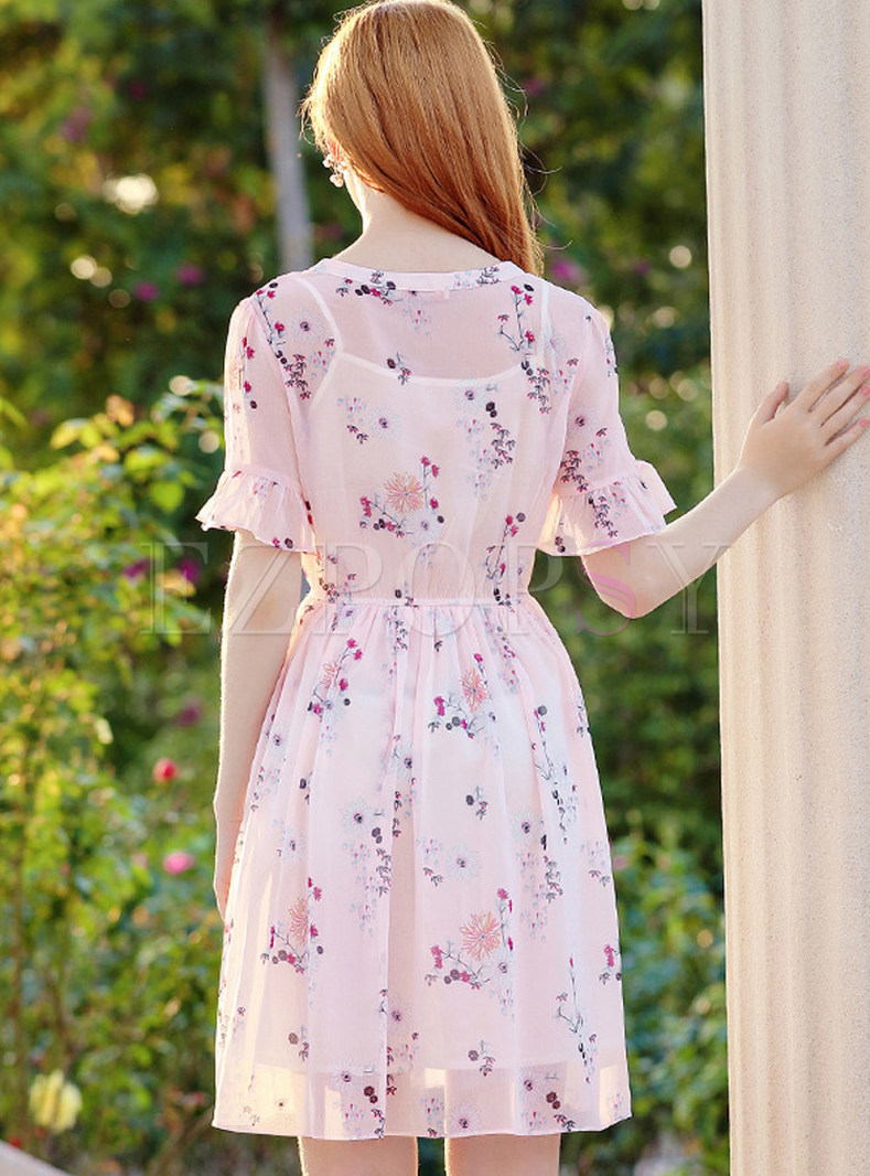 Dresses Skater Dresses Pink Sweet Floral Print Chiffon Dress