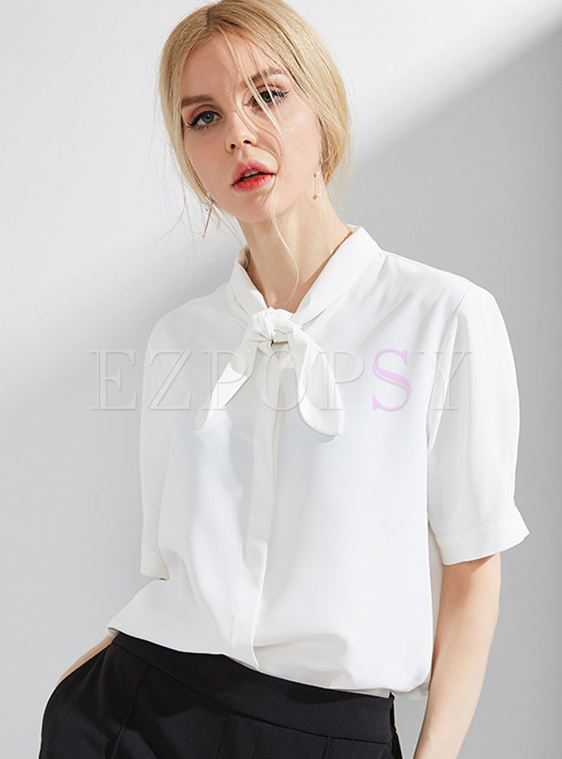 White Fashion Tied Single-breasted Pure Color Blouse