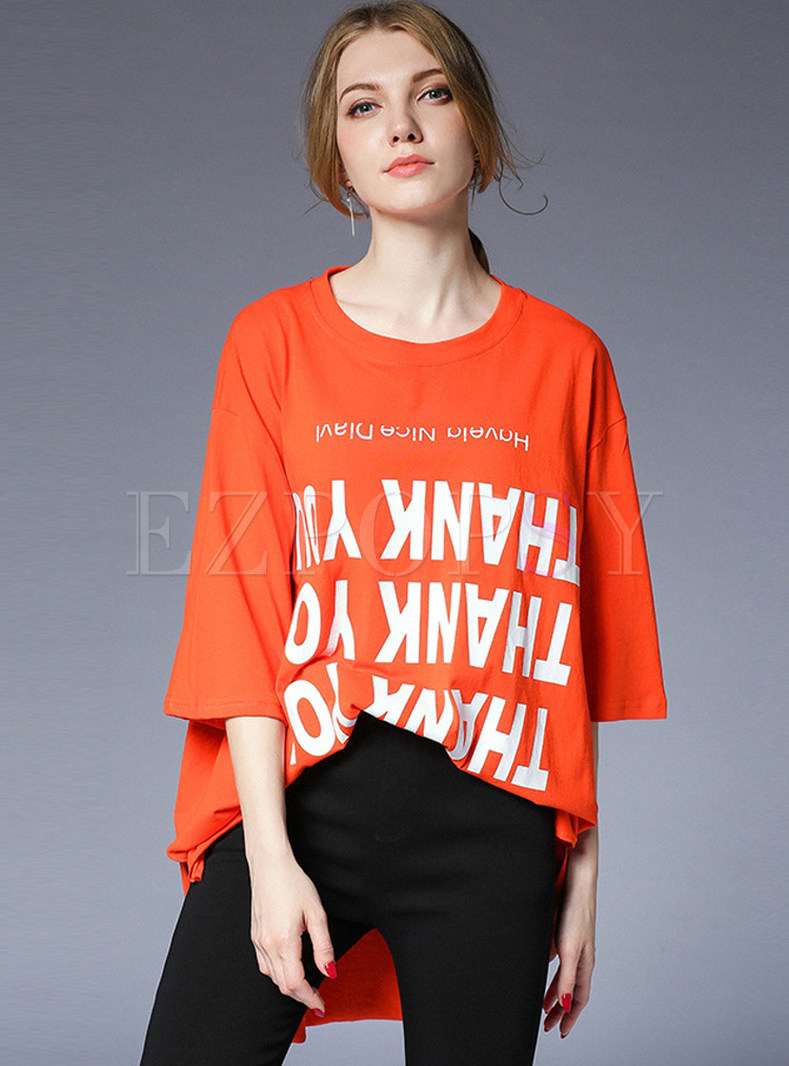 Orange Letter Design Loose T-shirt