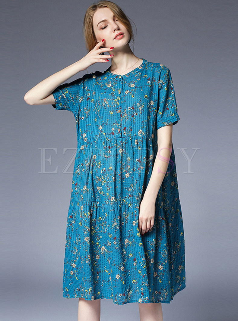 Blue Floral Print Short Sleeve Shift Dress