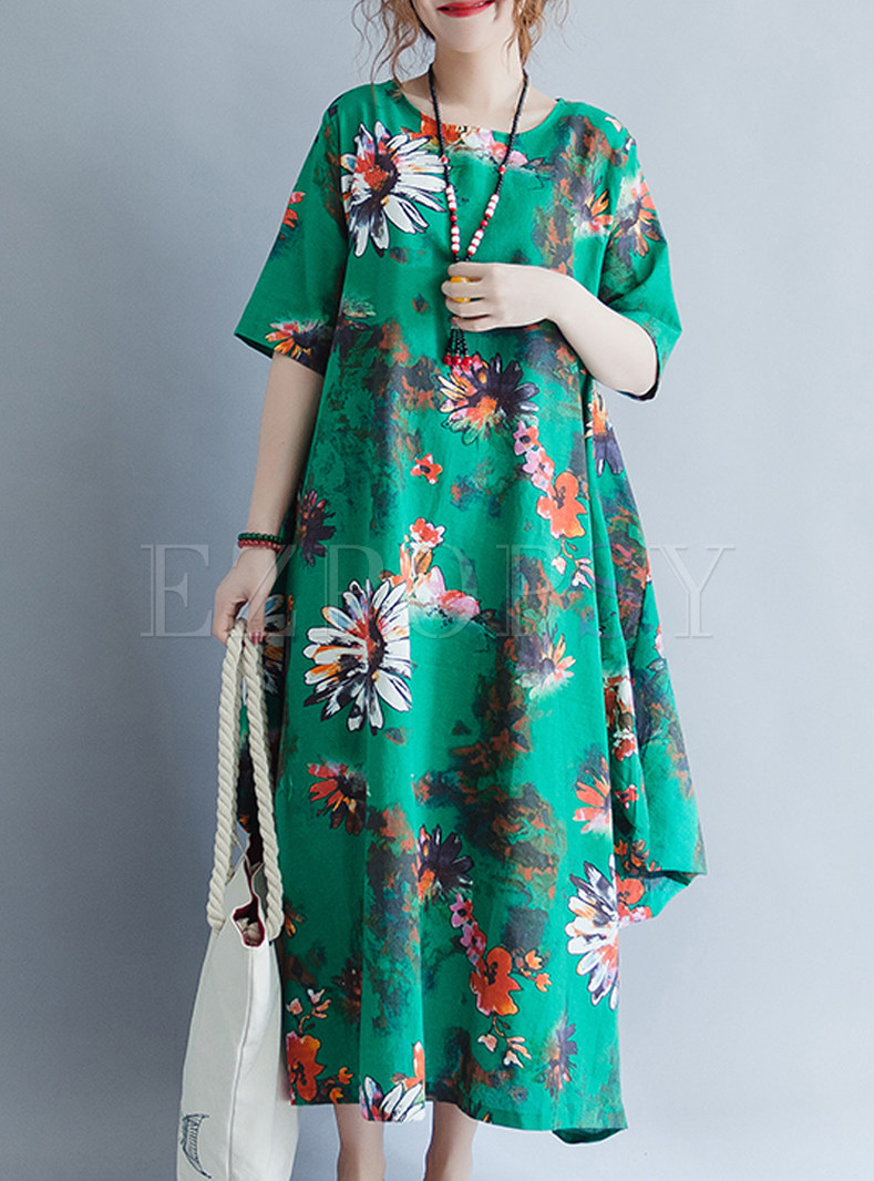 Green Flower Print Loose Maxi Dress