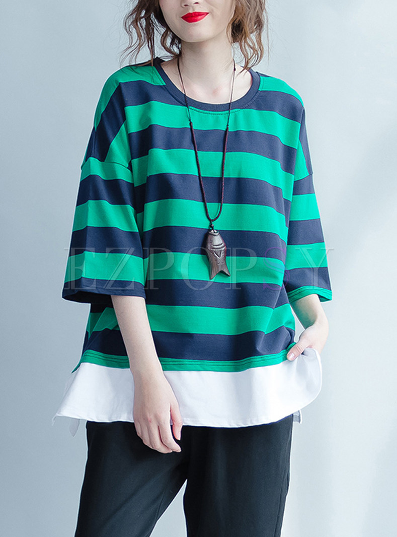 Striped Contrast Color Splicing T-shirt