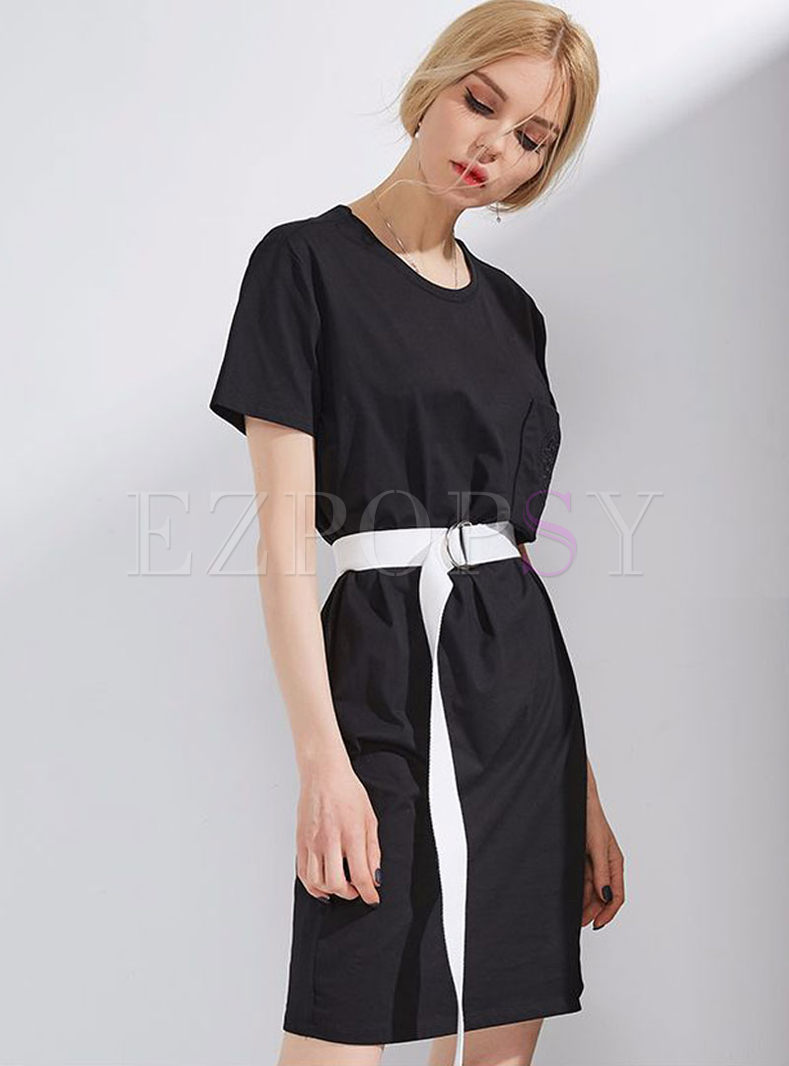 Black Loose Short Sleeve Dress Without Belt