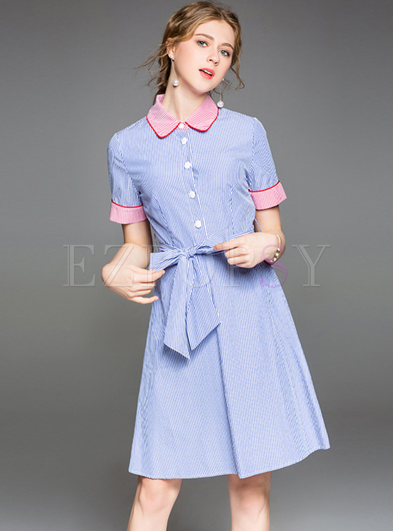 Chic Striped Lapel Bowknot Belted Skater Dress