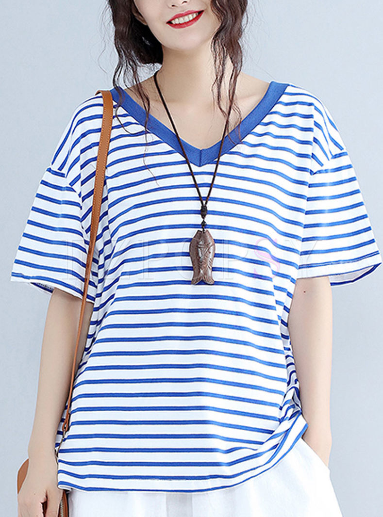 Tops | T-shirts | Fashion Blue Striped Short Sleeve T-shirt