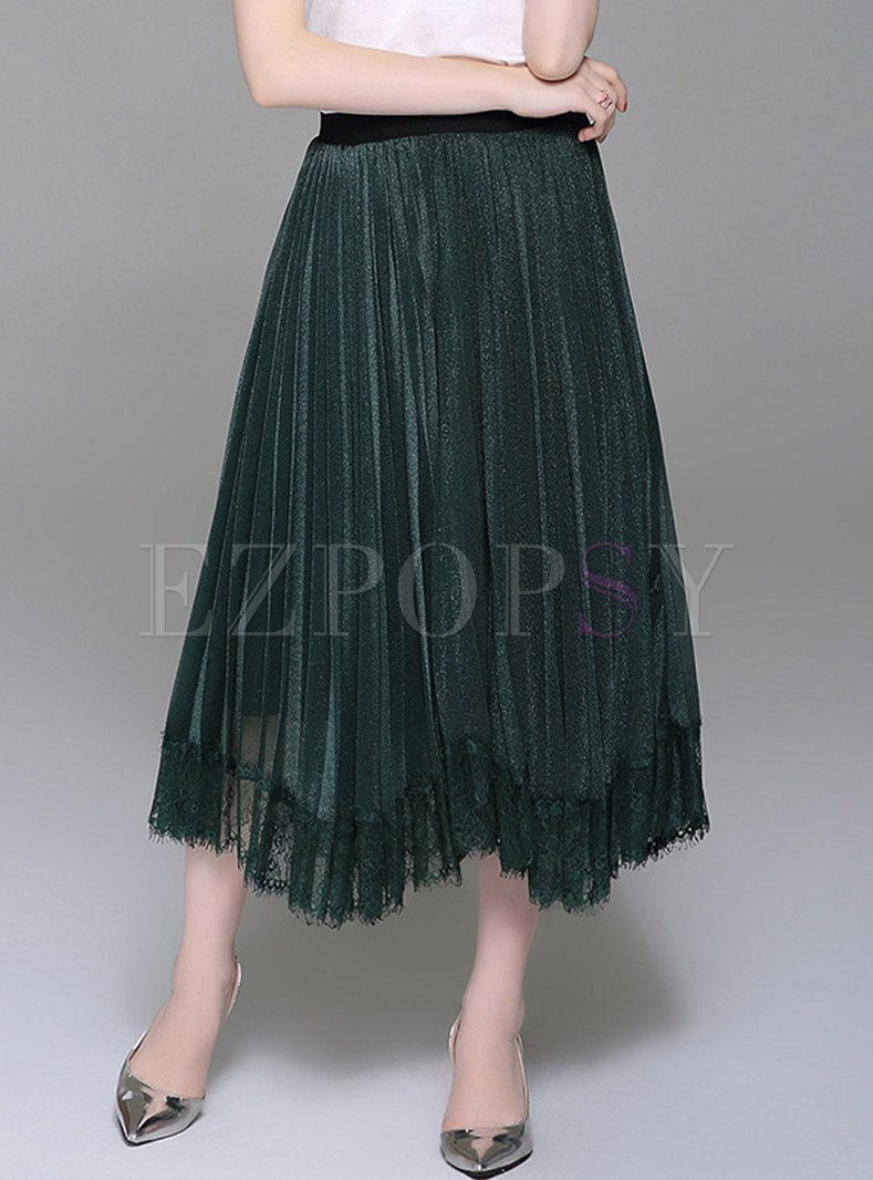 Green Lacing Splicing A Line Skirt